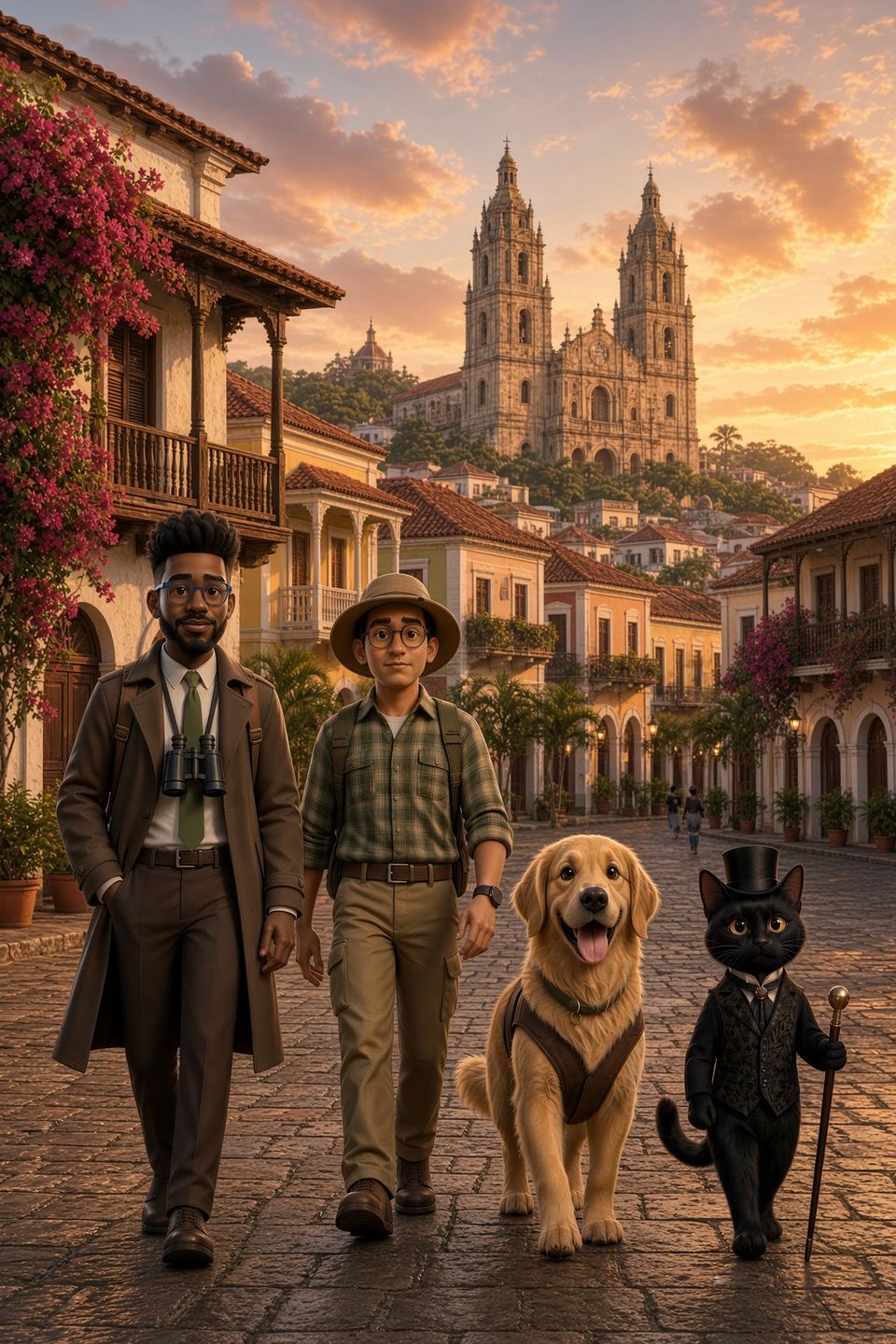 Jrich, Tor y Blacky en el Casco Antiguo de la Ciudad de Panamá, al atardecer.